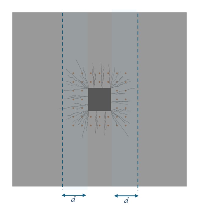 Figure 4: Plan view showing grid stirrups crossing the critical section at d