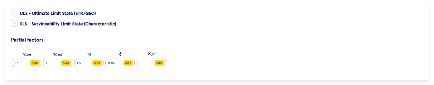 Screenshot showing ULS/SLS checkboxes and partial factors: γG,sup = 1.35, γG,inf = 1, ξ = 0.85, γQ = 1.5, KFI = 1